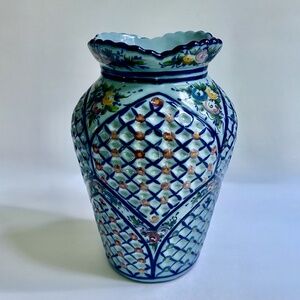 Tall P. L. Valado Alcobaca Portugal Blue Hand Painted Faience Vase, Circa 1950